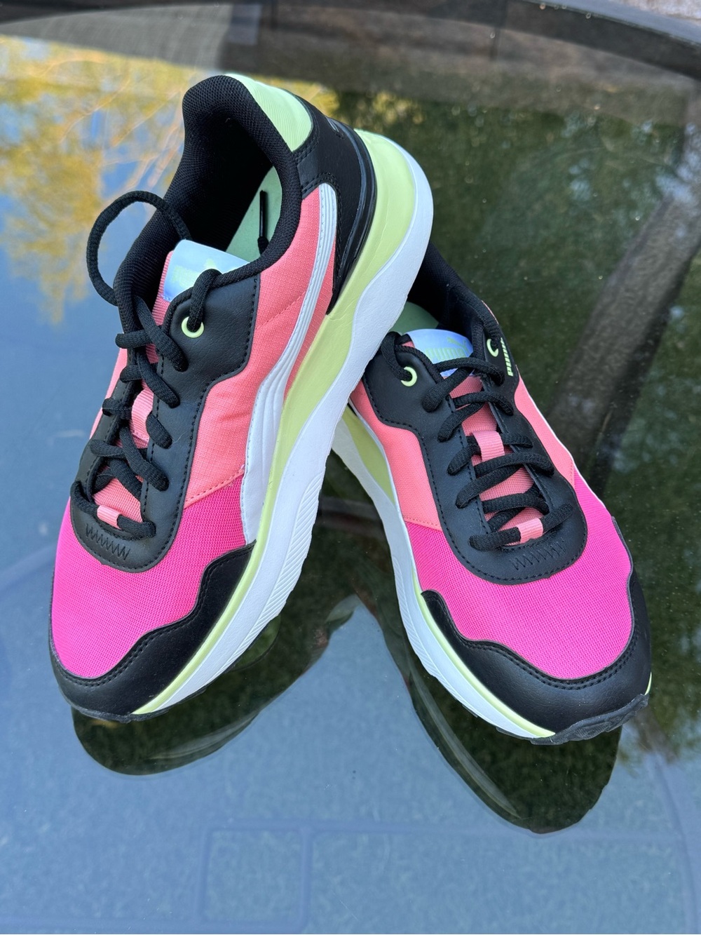 Puma Women's Pink Coral Neon Green Accent Platform Sneakers